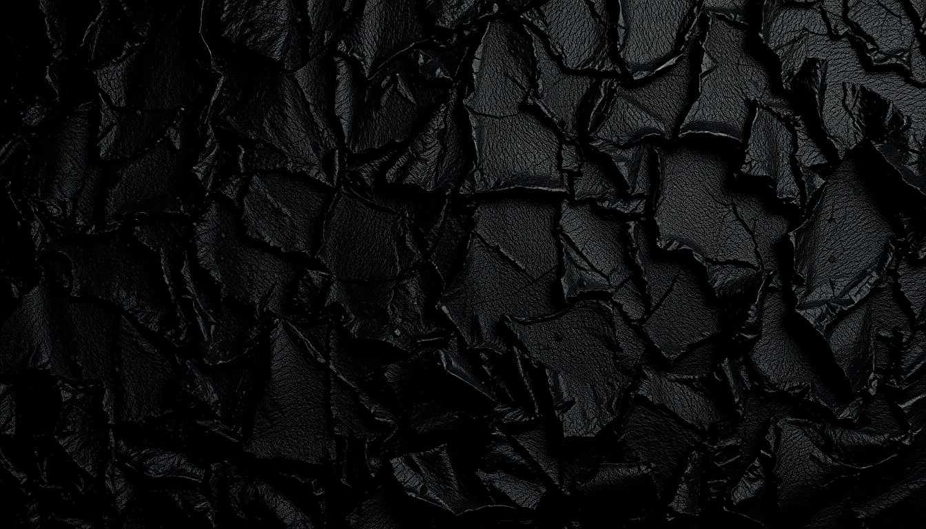 An extreme close-up photograph of heavily textured, shredded black leather, reflecting dramatic studio lighting to create a high-contrast, gritty, and industrial aesthetic that evokes the raw power of heavy metal music.