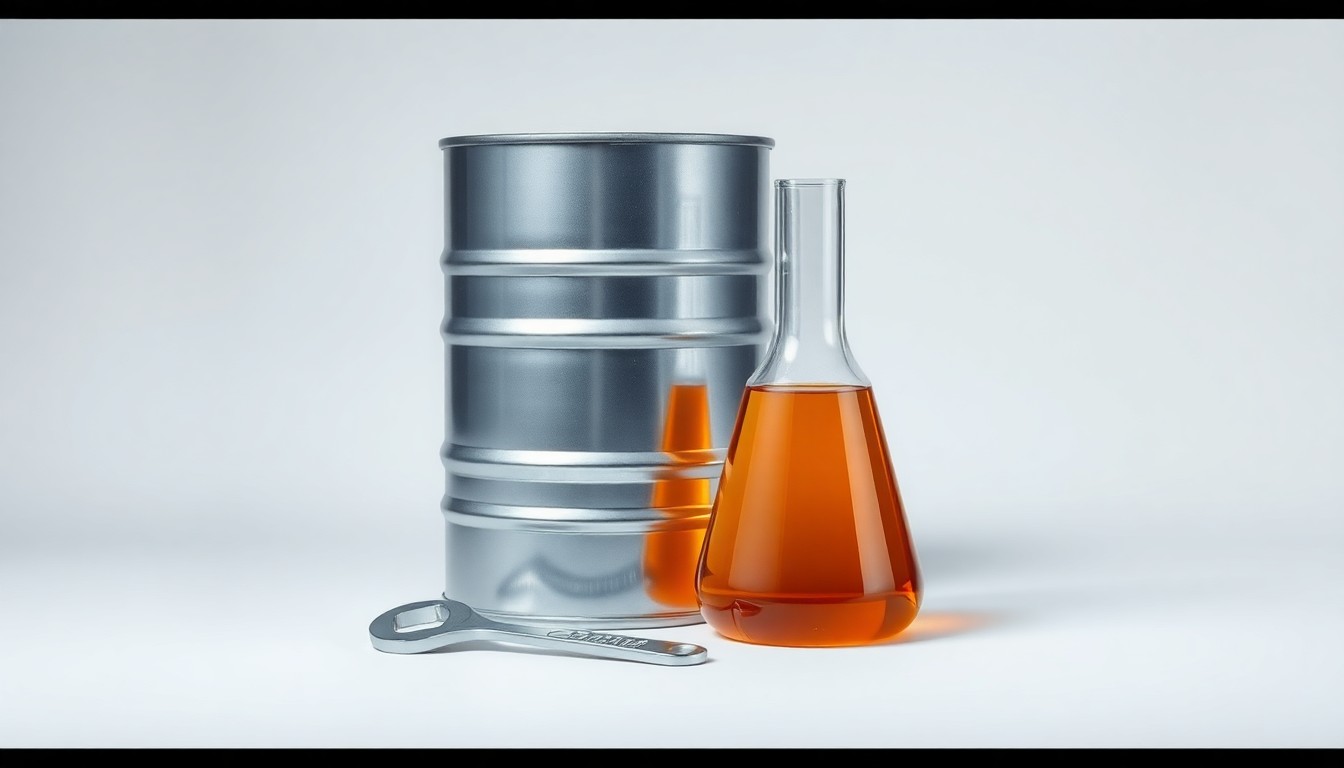 A photorealistic studio still life featuring a polished metal oil drum, a gleaming wrench, and a glass beaker filled with a viscous amber liquid, arranged elegantly on a clean, monochromatic background to represent the abstract concepts of energy, industry, and natural resource extraction.