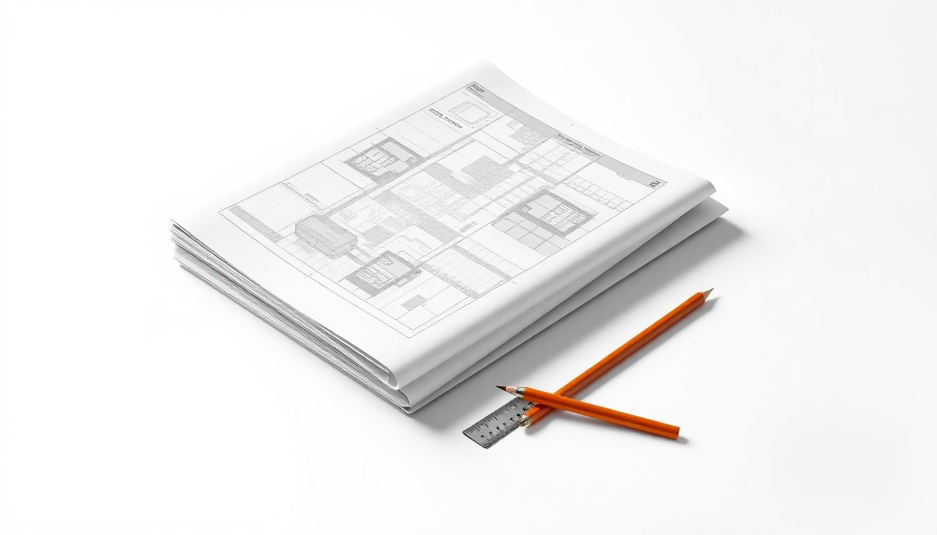 A high-end, photorealistic studio still-life photograph featuring a stack of architectural blueprints, a ruler, and a pencil arranged elegantly on a clean, white background, conceptually representing the construction industry.