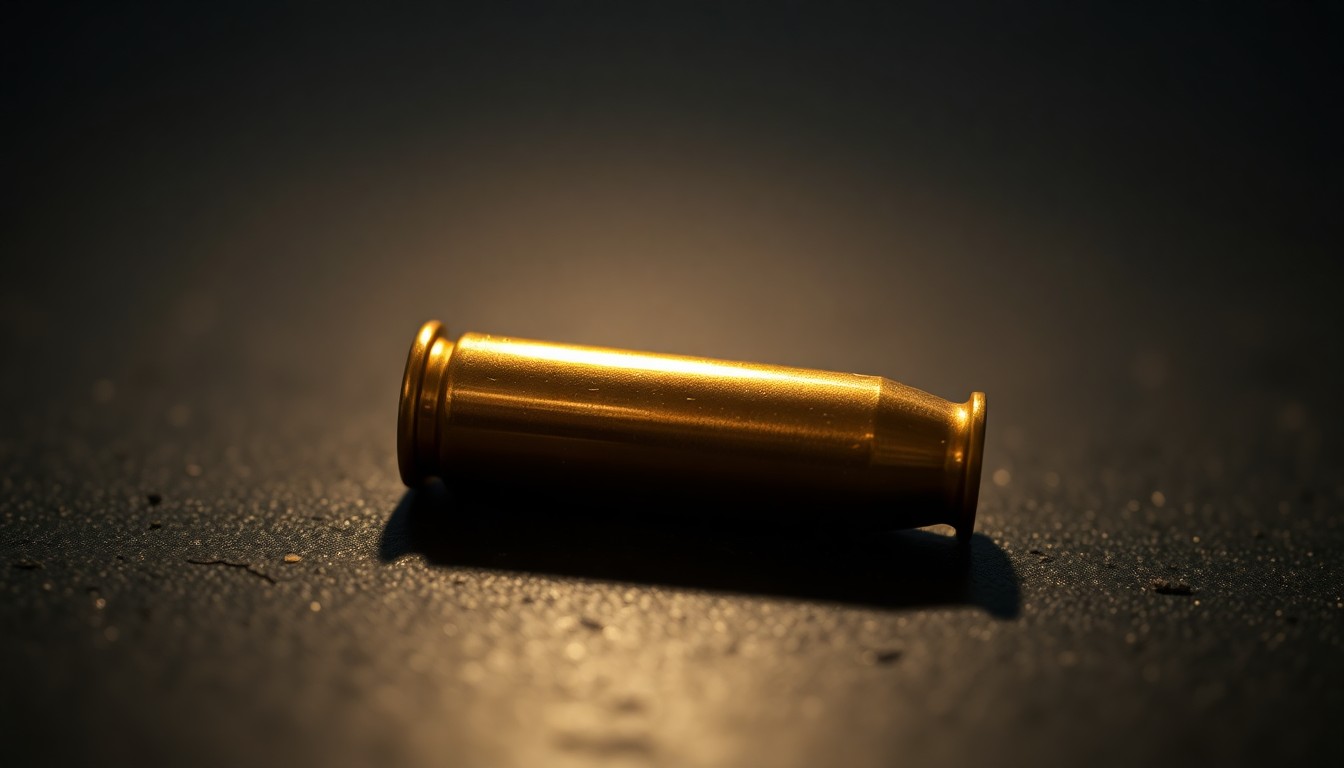 An extreme close-up photograph of a single spent bullet casing on a dark, textured surface, lit by a harsh, direct camera flash, conceptually illustrating the aftermath of a fatal shooting incident.