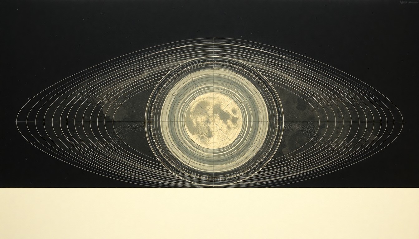 A highly structured abstract painting in soft, earthy tones featuring sweeping geometric arcs, concentric circles, and precise spirals, conceptually representing the complex technological systems and components that will support the Artemis II mission to the Moon.