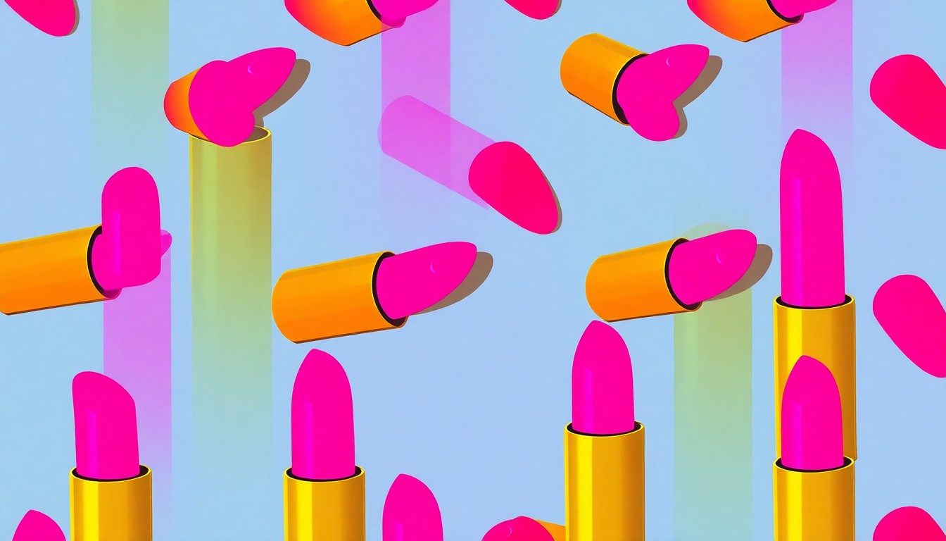 A vibrant, high-contrast silkscreen print featuring a repeating grid of a lipstick tube in neon pink, purple, and yellow hues, conceptually representing the accessibility of premium beauty products at affordable prices.
