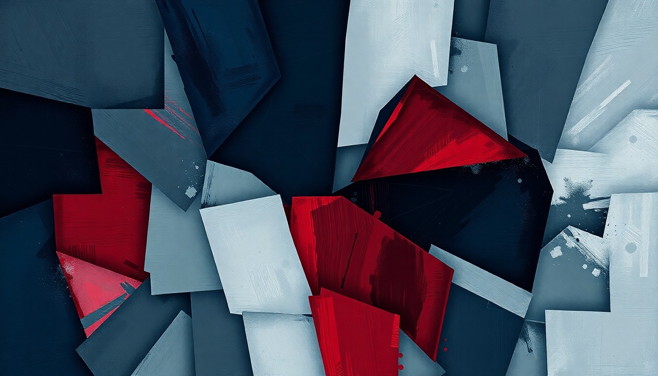 An abstract, fragmented painting featuring overlapping geometric shapes and brushstrokes in shades of blue, red, and grey, conveying a sense of political unrest and uncertainty.