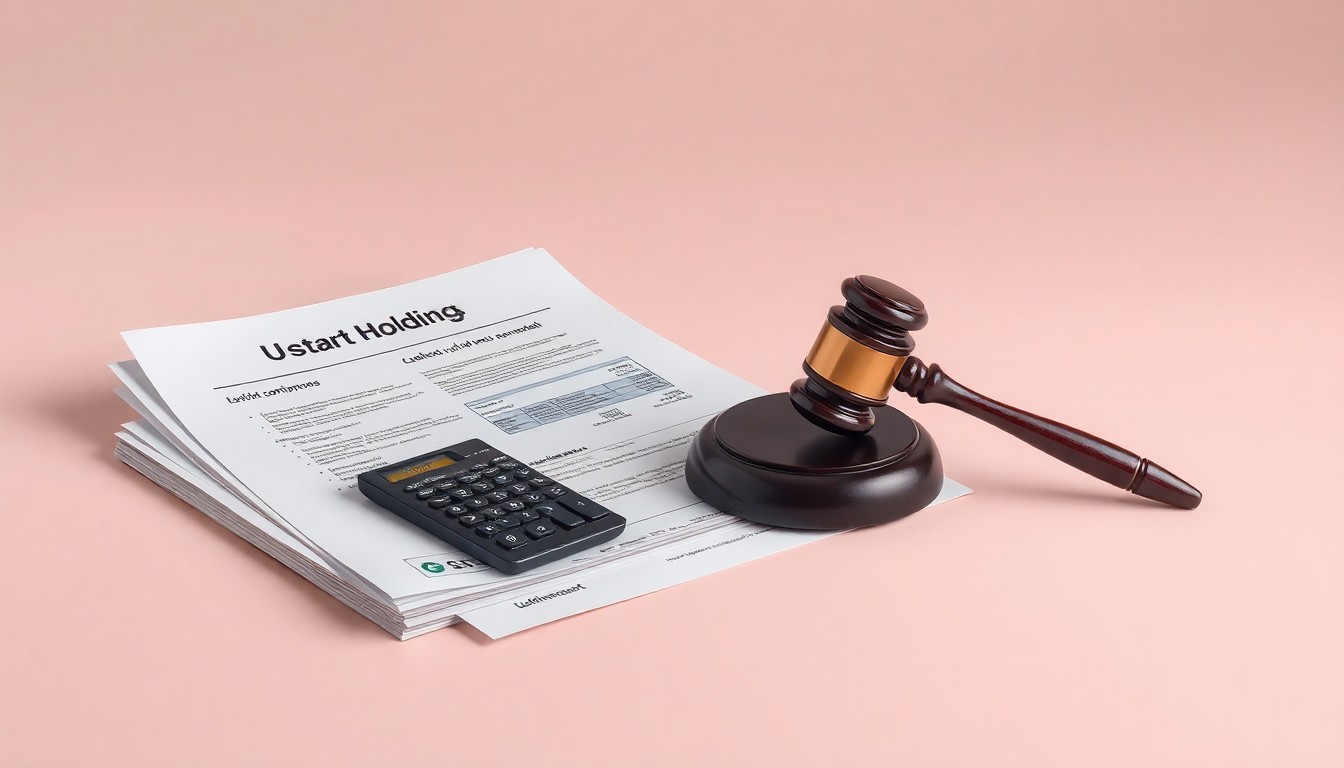 A photorealistic studio still life featuring a stack of financial documents, a calculator, and a gavel on a clean, monochromatic background, symbolizing the legal and financial issues surrounding the Upstart Holdings class action lawsuit.