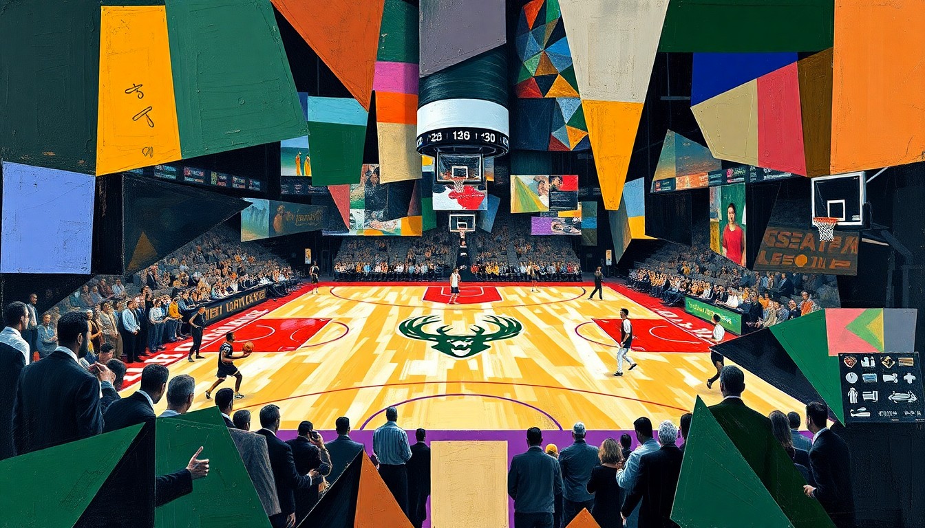 A fragmented, geometric painting depicting the action and energy of a basketball game, with the players' forms broken down into sharp, overlapping shapes and planes of color.