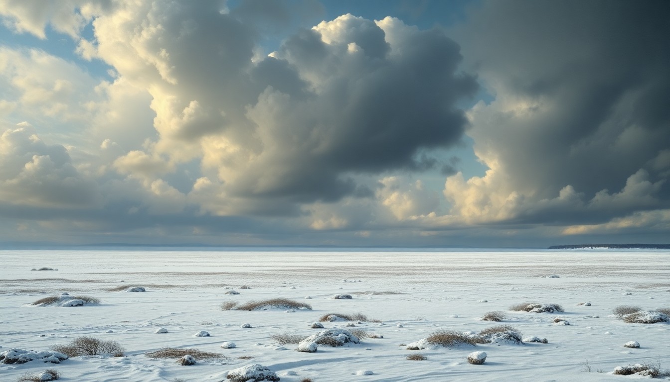 A sweeping, atmospheric landscape painting in muted tones of grey, white, and blue, depicting a vast, frozen field under a dramatic, cloudy sky. The scene conveys the overwhelming power and scale of the natural world during extreme cold weather conditions.