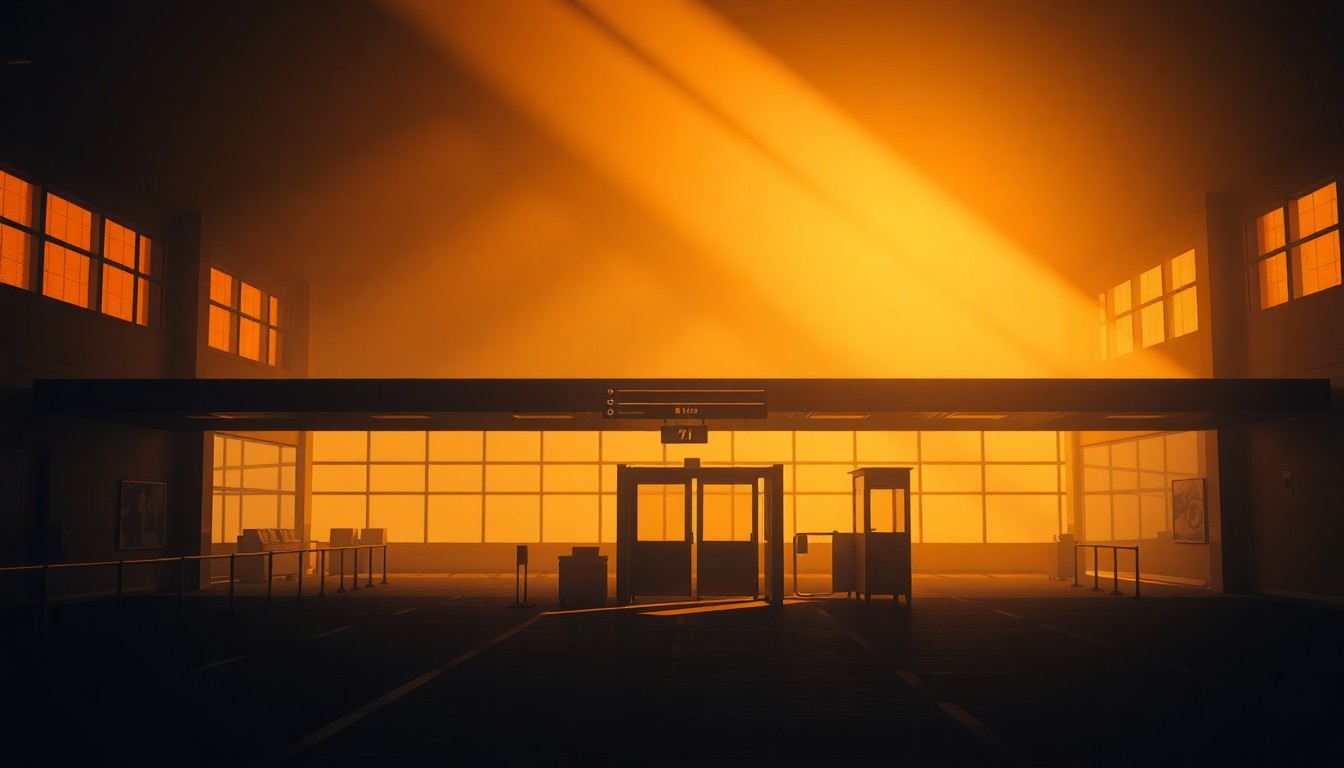 A quiet, cinematic painting of a solitary airport security checkpoint bathed in warm, diagonal sunlight and deep shadows, conceptually representing the arbitrary power of immigration authorities.