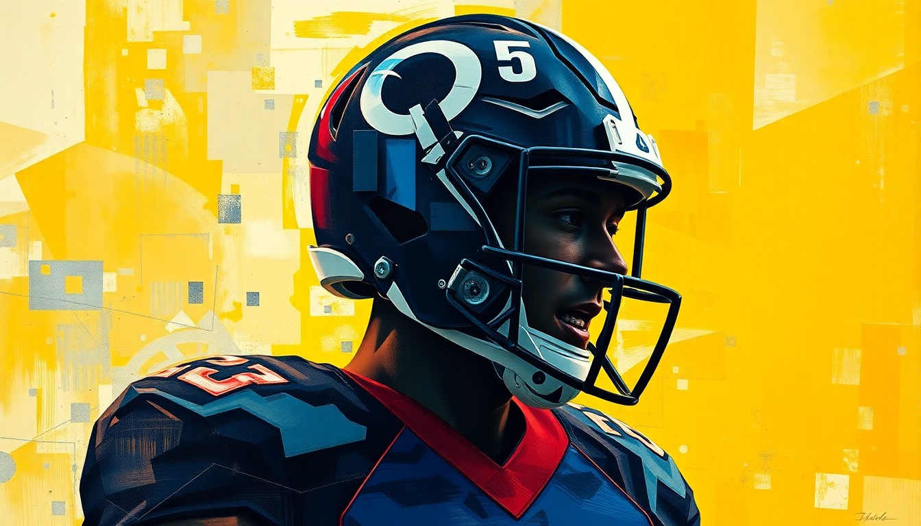 A cubist-style painting featuring sharp, overlapping geometric shapes in the Toledo Rockets' team colors, conceptually representing the school's breakthrough into the NFL Draft's first round.