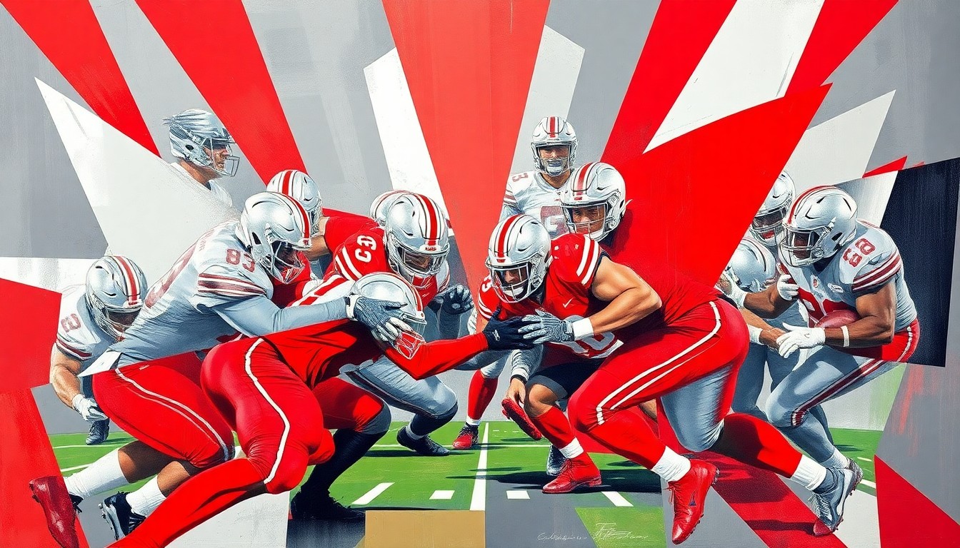 A fractured, cubist-style painting depicting an Ohio State football defensive play, with sharp geometric shapes in scarlet and gray representing the action on the field.