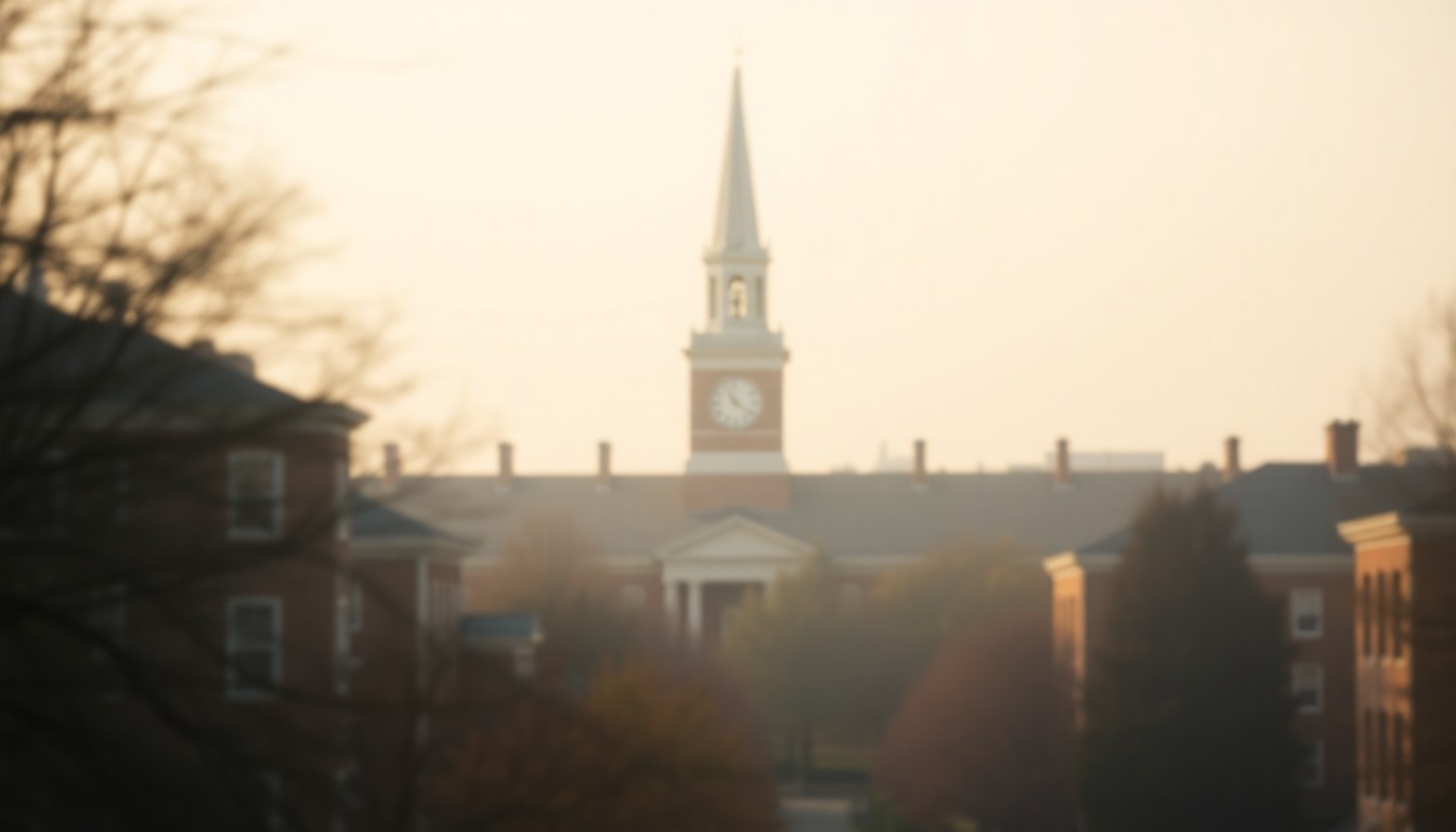 An impressionistic, out-of-focus photograph of a university campus in soft, warm light, with the iconic clock tower visible in the background, conveying a sense of celebration and progress.