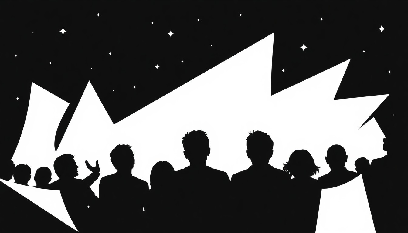 An abstract illustration featuring bold, geometric black shapes against a white background, conceptually representing people watching a movie outdoors.