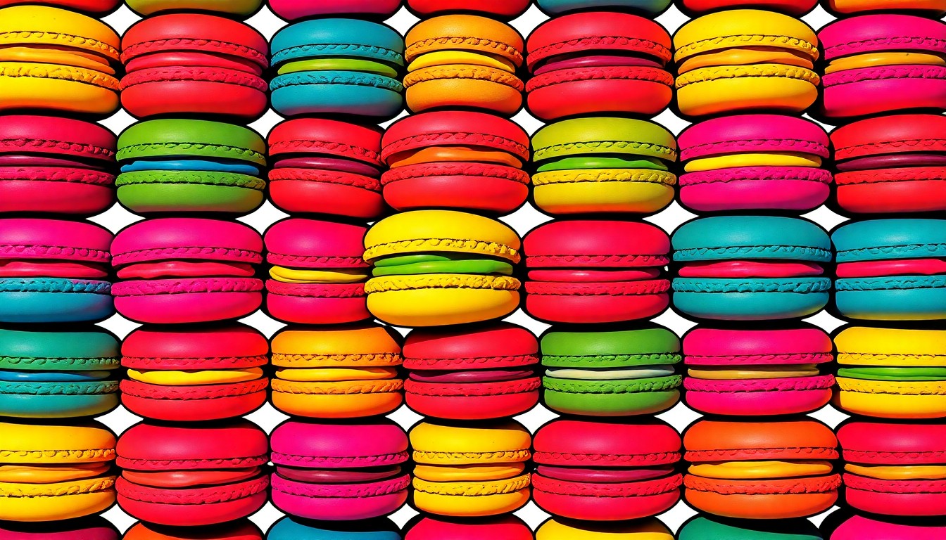 A bold, graphic illustration of a repeating pattern of colorful French macarons, rendered in a high-contrast pop art style with bright neon hues and thick black outlines, conceptually representing the festive and flavorful atmosphere of the La Bastille culinary celebration.