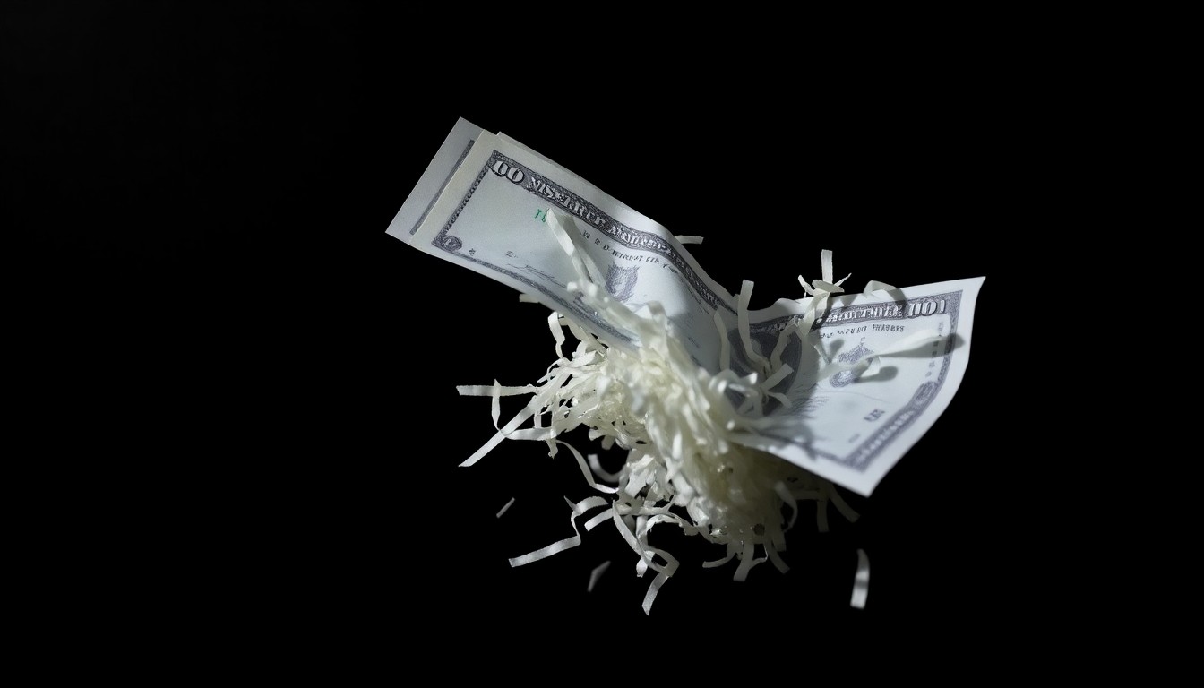 An extreme close-up photograph of a shredded financial document or crumpled check, lit by a harsh, direct camera flash against a pitch-black background, conceptually representing the aftermath of a non-profit fraud scheme.