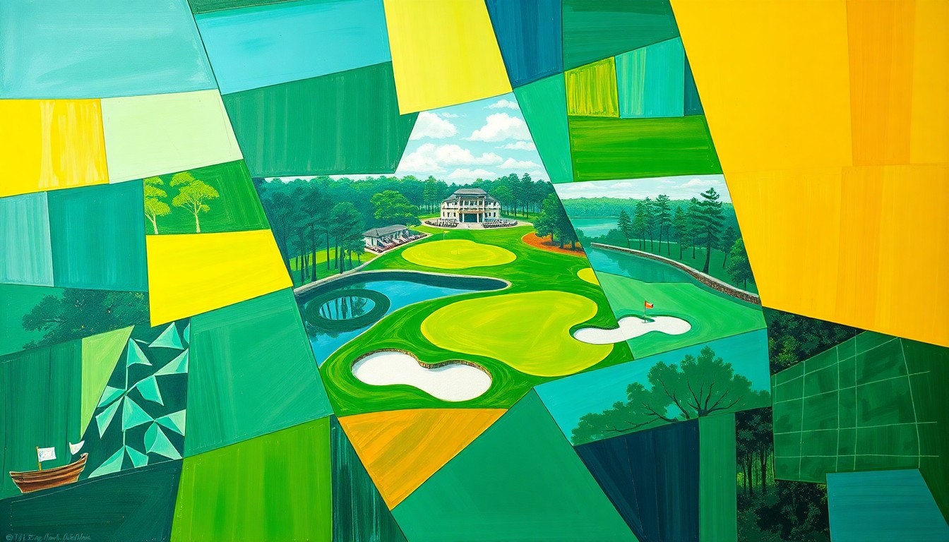 A fractured, multi-perspective painting in bold, vibrant colors that breaks down the iconic Augusta National golf course and the Masters tournament into sharp, overlapping geometric planes, conceptually representing the visual complexity and drama of this legendary sporting event.