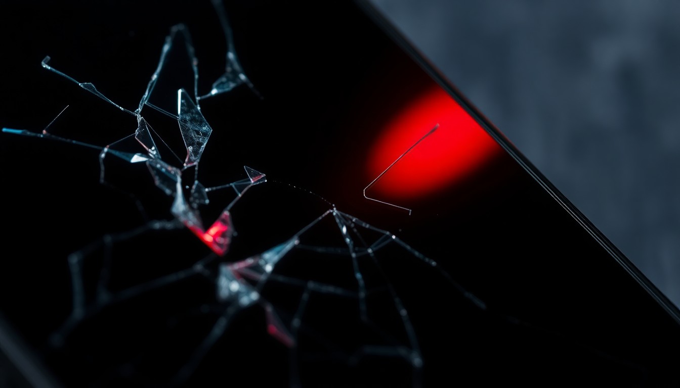 An extreme close-up photograph of a cracked smartphone screen, the shattered glass reflecting a faint red light, conceptually representing the aftermath of a violent incident.