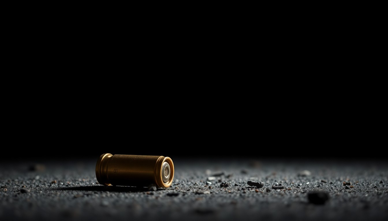 An extreme close-up photograph of a single spent shell casing on the ground, capturing the stark, gritty details of a violent crime scene without depicting any actual violence or victims.
