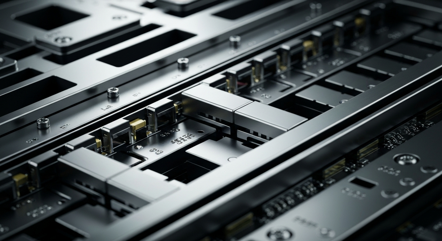 An extreme close-up of the sleek, metallic components and circuitry of a high-performance networking device, representing the technological sophistication behind Marvell's optical interconnect solutions.