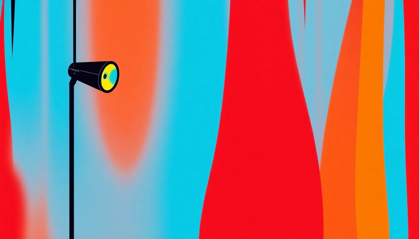 A grid of boldly colored, silkscreened theatre props and equipment, conceptually representing the diverse skills and resources needed to build a career in the performing arts.