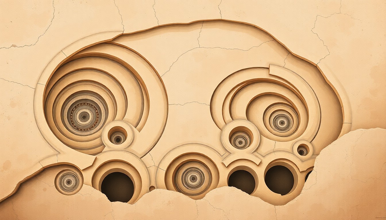 An abstract, textured painting in shades of ochre, sage, and indigo, featuring sweeping geometric arcs and precise botanical spirals, conceptually representing the intricate structure and fragility of a rare limestone bedrock formation.