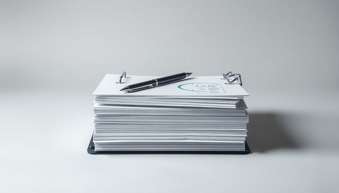 A photorealistic studio still life featuring a stack of crisp medical files and a metal clipboard with a pen, symbolizing the corporate governance challenges facing the healthcare industry.