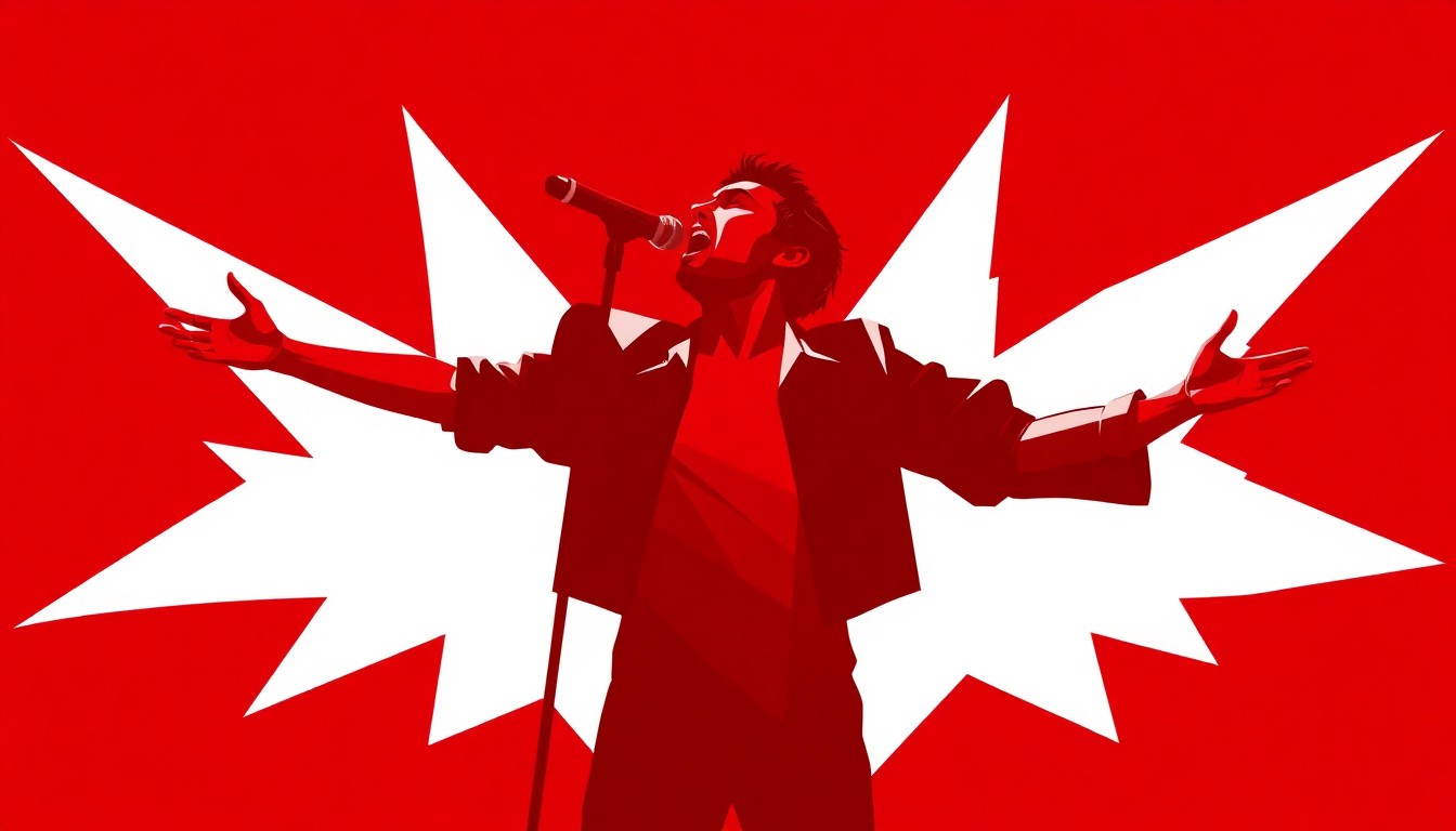 A striking black silhouette of a singer with arms raised, surrounded by bold, geometric shapes in deep red and white, conveying the energy and drama of a Florence + The Machine concert.