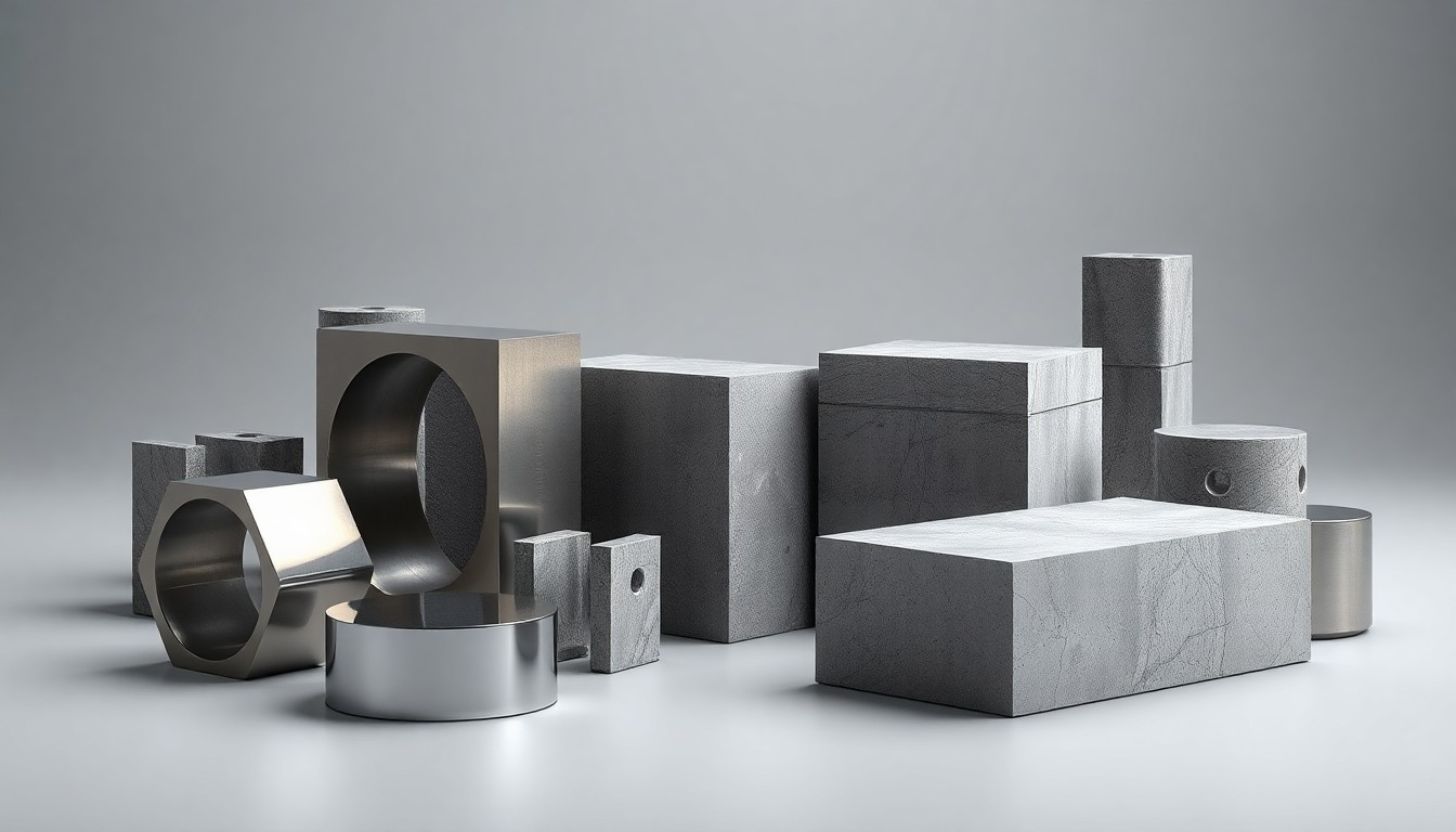 A photorealistic studio still life featuring a collection of sleek, polished metal and concrete geometric shapes, conceptually representing the abstract financial and strategic elements of the Consumers Energy hydroelectric dam sale.