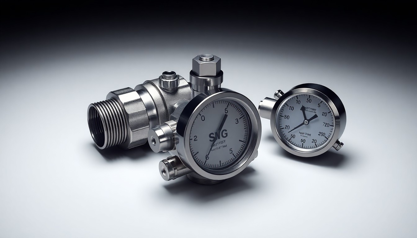 A photorealistic studio still life featuring polished metal pipe fittings, valves, and a pressure gauge, arranged elegantly on a clean, monochromatic background to conceptually represent the advanced subsea technology powering deepwater energy projects.