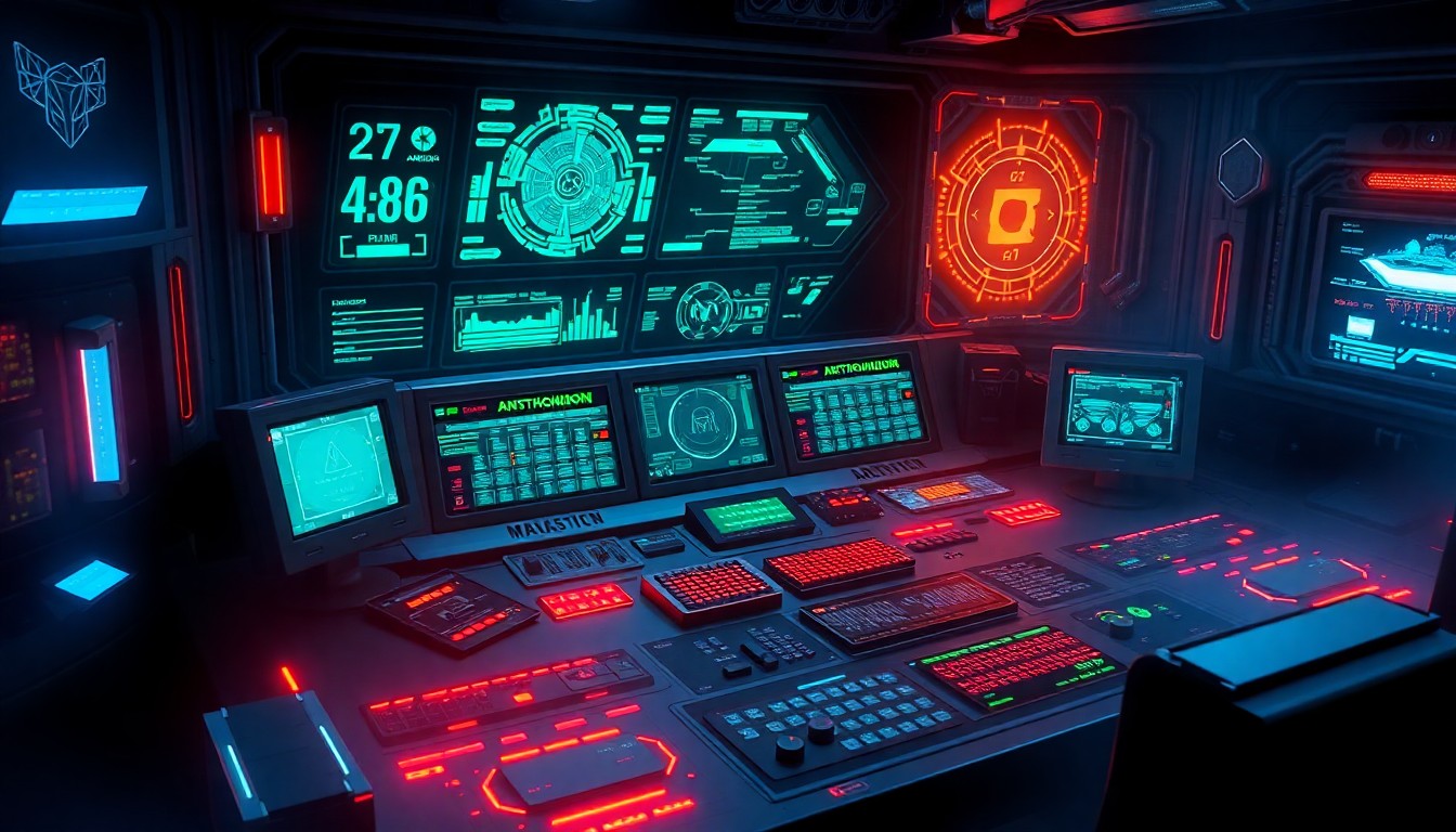 A highly detailed, glowing 3D illustration of a futuristic military command console with pulsing neon lights, complex circuitry, and holographic displays, conceptually representing the battle between Anthropic and the government over AI deployment.