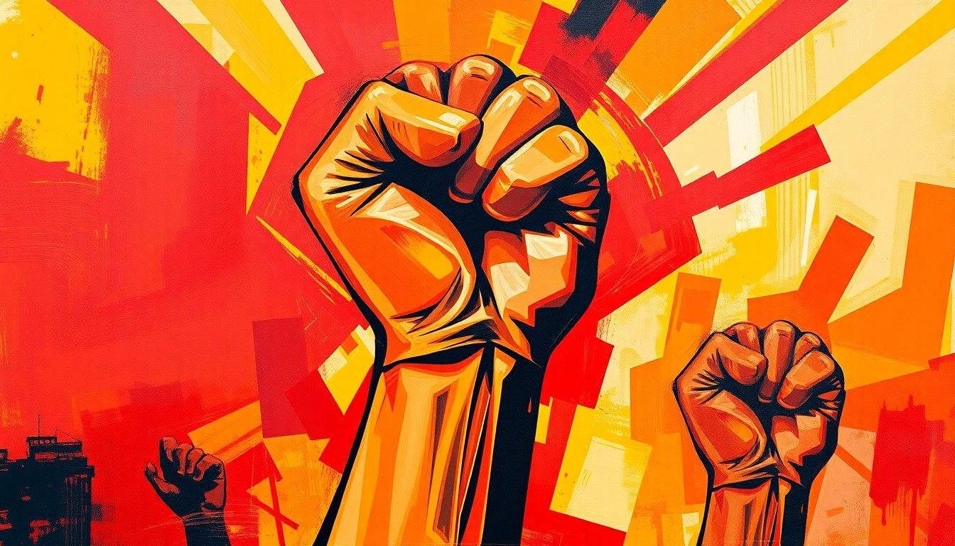A fractured, abstract painting of a raised fist in vibrant shades of red, orange, and yellow, conveying the spirit of protest and activism from the Latinx Freedom Movement.