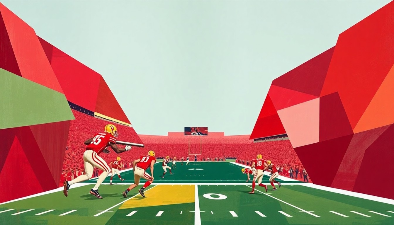 A cubist, geometric painting depicting a Nebraska Cornhuskers football game, with the players and field reduced to angular, overlapping shapes in a vibrant color palette, capturing the drama and intensity of the game.