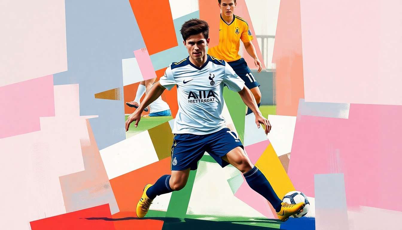 A fragmented, cubist-style painting depicting a soccer player in motion, with the player's form broken down into sharp, overlapping geometric shapes in the team colors of Tottenham Hotspur and Oxford United.