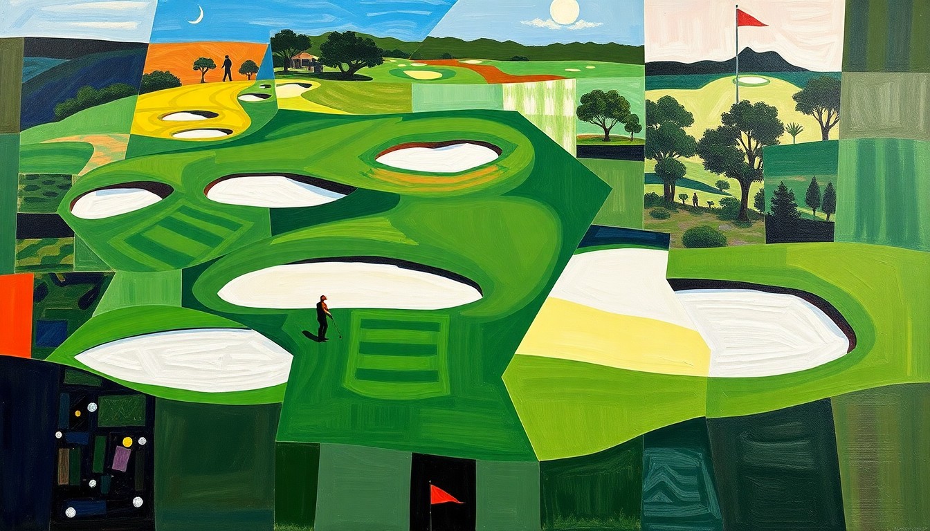 A fragmented, geometric painting depicting a golf tournament scene with overlapping planes of green fairways, white bunkers, and colorful player silhouettes, conveying the dynamic energy of the Masters.