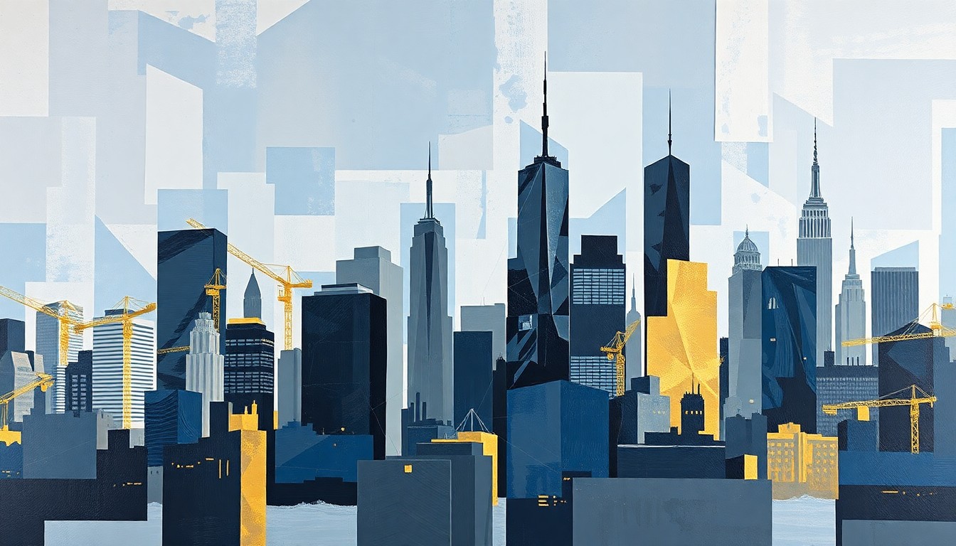 A dynamic, abstract painting of the New York City skyline in shades of blue, grey, and gold, with the silhouettes of skyscrapers and cranes repeated in overlapping, fractured geometric patterns, conveying a sense of the city's fiscal and political tensions.