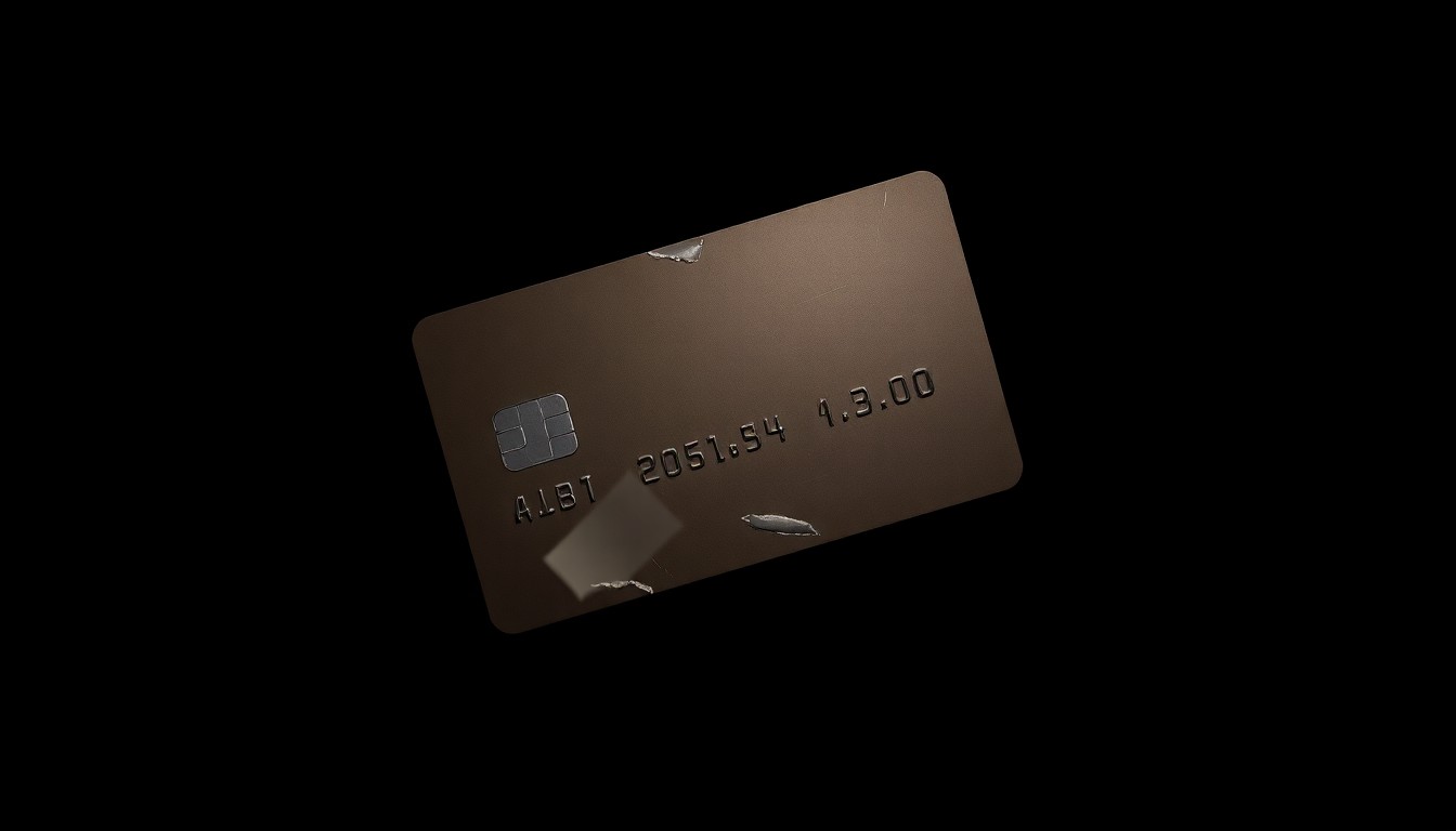An extreme close-up photograph of a slightly worn credit card against a pitch-black background, lit by a harsh, direct camera flash, conceptually representing the aftermath of credit card theft and fraud.
