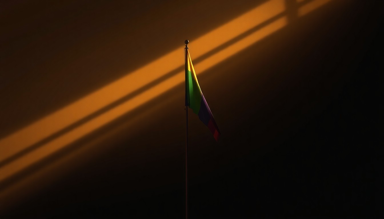 A cinematic oil painting depicting a solitary flagpole wrapped in the vibrant colors of the LGBTQ+ pride flag, with the pole bathed in warm, diagonal sunlight and surrounded by deep shadows, conceptually representing Boise's effort to visually support the local LGBTQ+ community despite restrictive state policies.