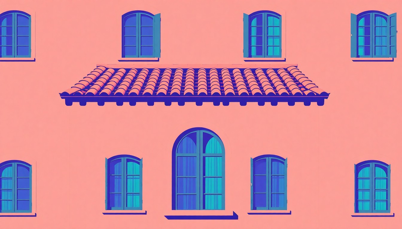 A high-contrast, silkscreen-style illustration featuring a repeating pattern of a single, iconic architectural detail from a Mediterranean villa, such as an arched window or stucco wall, rendered in a bold, neon color palette that captures the home's timeless elegance.