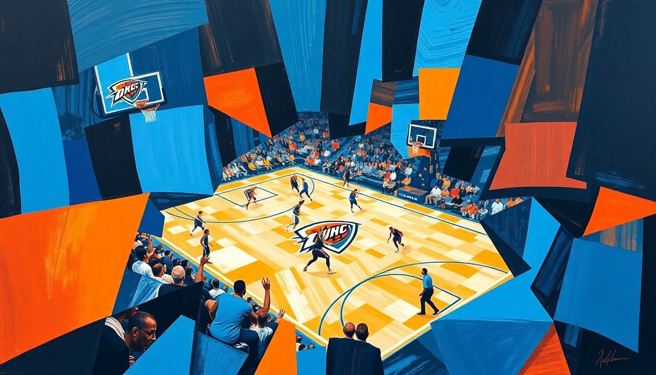 A cubist, geometric painting in shades of blue, orange, and white, capturing the dynamic energy and movement of a basketball game through fragmented, overlapping shapes and planes.