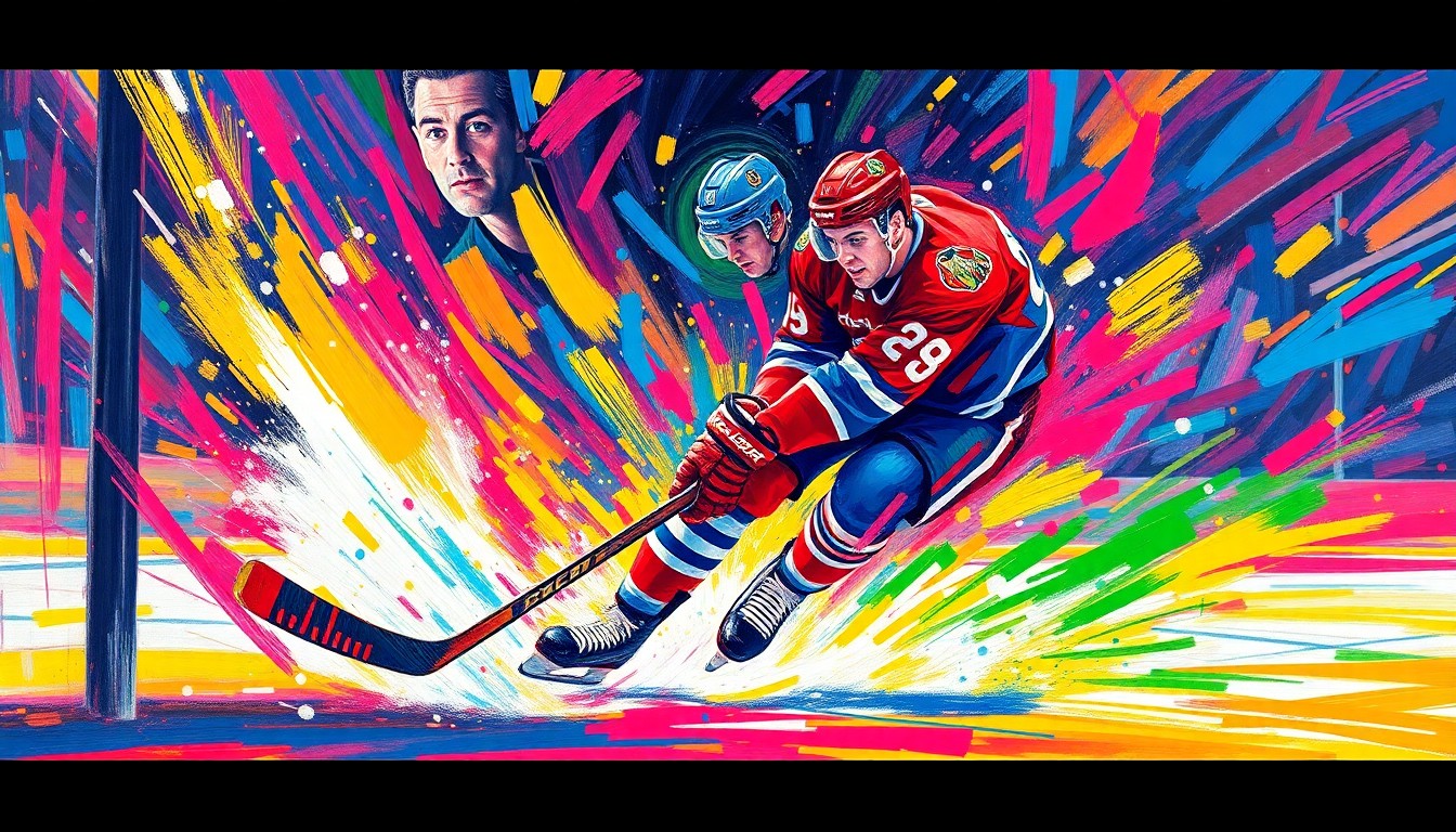 An abstract, energetic painting in vibrant neon colors, capturing the raw power and motion of a hockey player scoring a goal, with faces and logos dissolving into colorful, gestural brushstrokes.