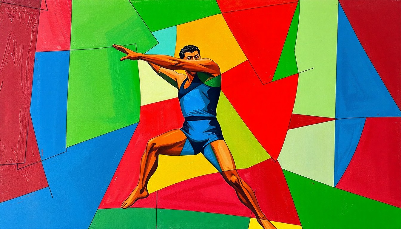 A fractured, multi-perspective painting in bold, geometric shapes and planes of vibrant red, blue, and green, conceptually representing the power and precision of the discus throw, a defining event in Imrich Bugár's athletic career.