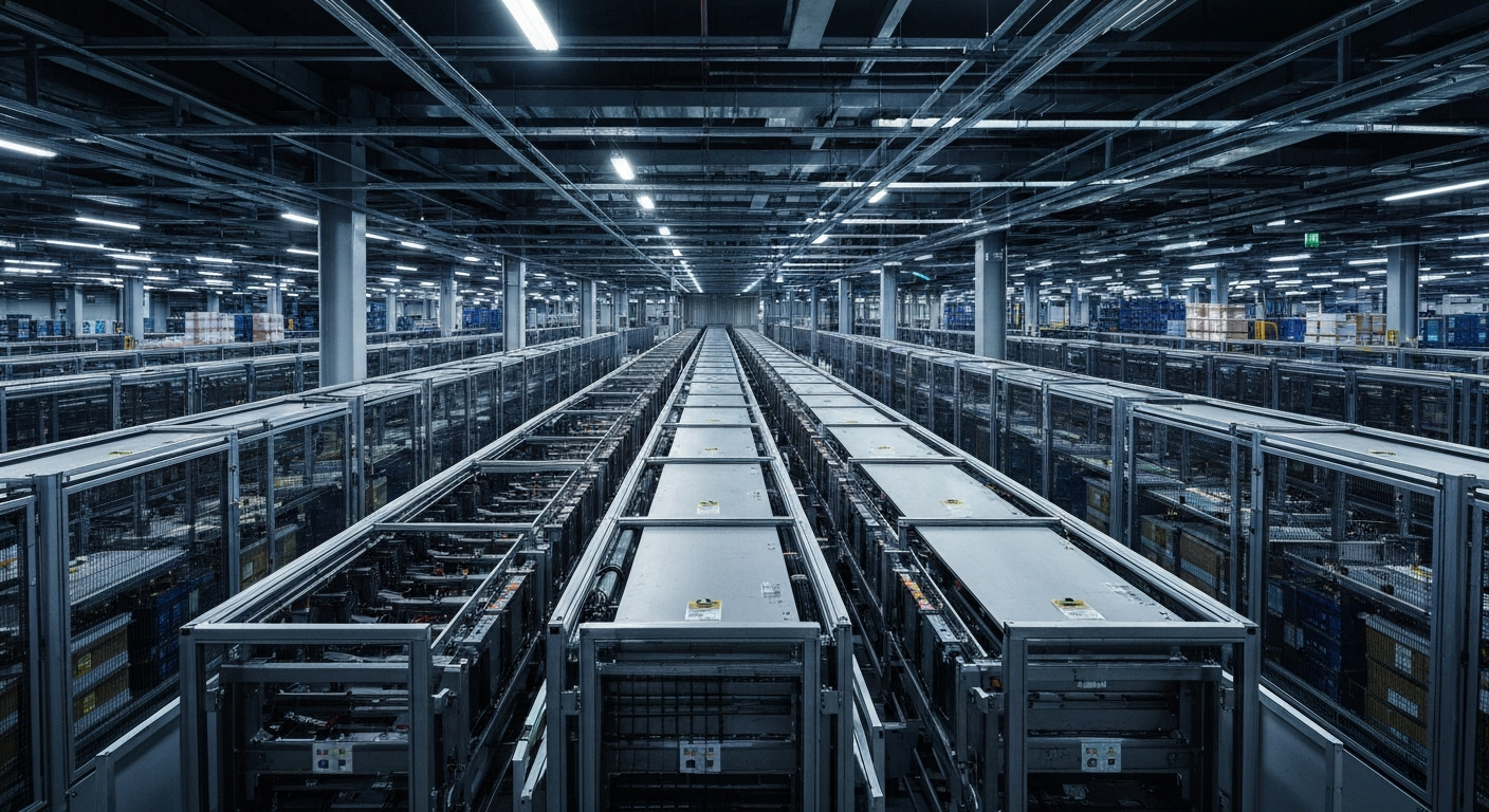 A close-up, cinematic view of the inner workings of an Amazon fulfillment center, with a focus on the intricate machinery and automation that powers the e-commerce giant's logistics, conveying a sense of scale, power, and efficiency.