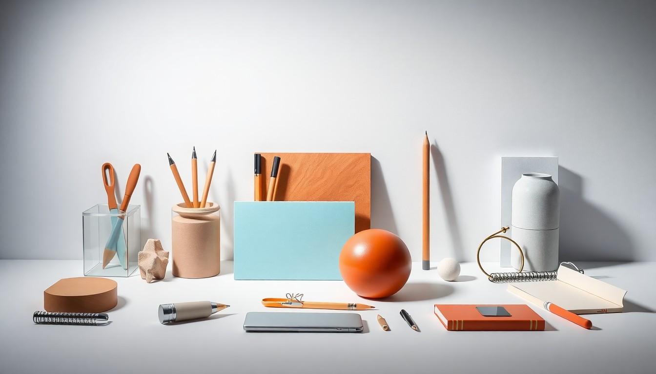 A minimalist studio still life photograph featuring a collection of abstract office supplies and work tools arranged elegantly on a clean, monochromatic background, conceptually representing the changing nature of work and the tools Gen Z uses to navigate the new poly-employment landscape.