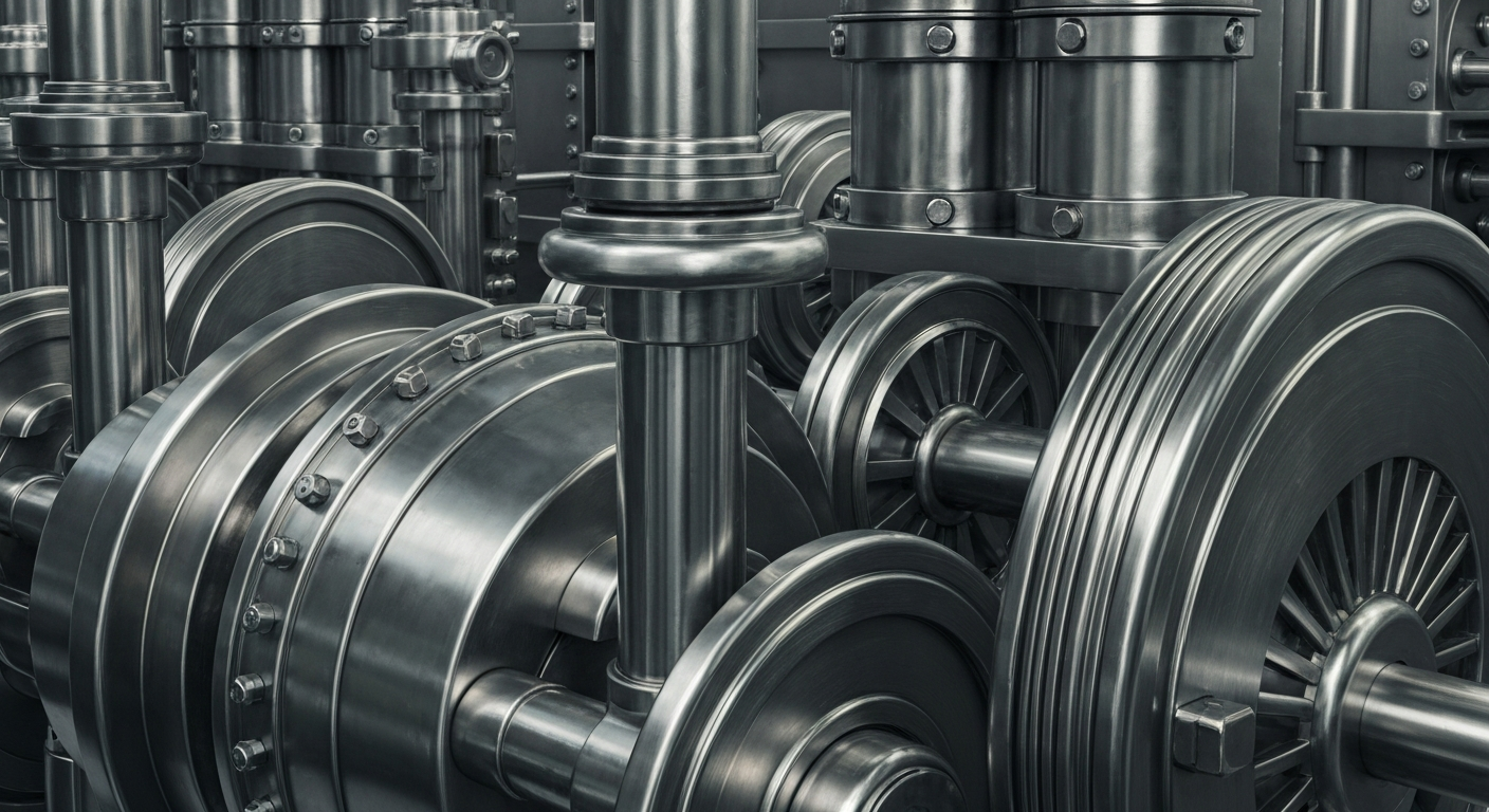 An extreme close-up of gleaming, industrial banking machinery and vaults, conveying a sense of financial security and stability without using literal currency or charts.
