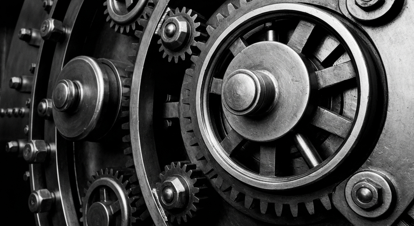 A high-contrast, cinematic close-up of the heavy, industrial machinery and mechanisms of a bank vault door, conveying a sense of institutional strength and security without the use of any text or symbols.