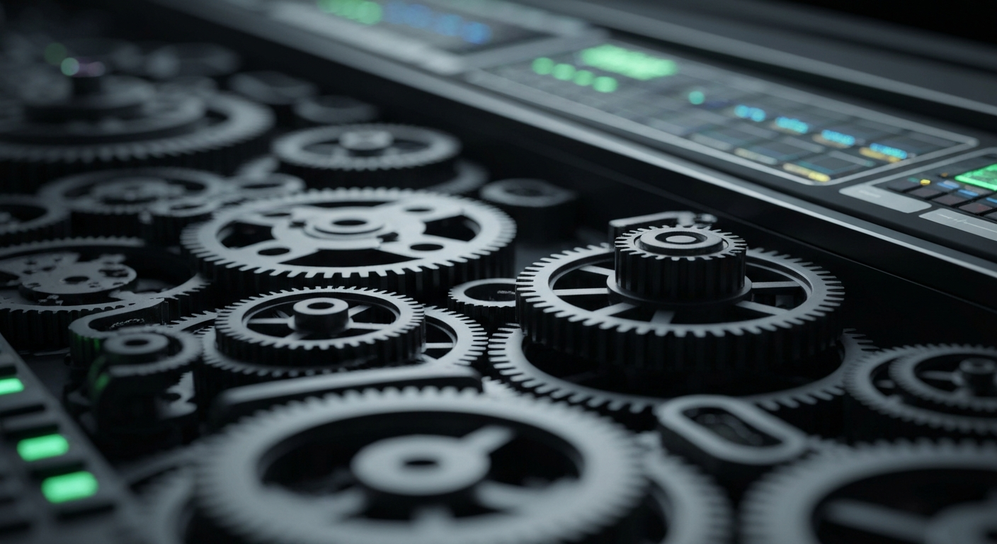 An extreme close-up of the inner workings of a high-tech entertainment control system, with gears, circuits, and other industrial components filling the frame and conveying the complex technical infrastructure behind Sphere Entertainment's immersive venues.