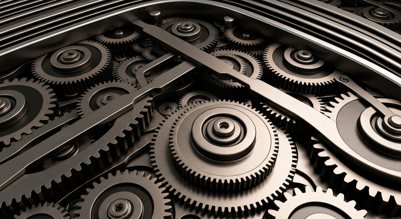 An extreme close-up of a complex, gear-driven banking mechanism in shades of steel gray, bronze, and black, conceptually representing the secure, industrial infrastructure behind financial services.