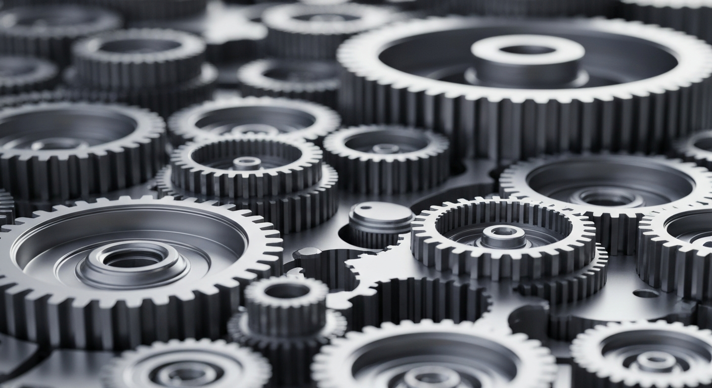 An extreme close-up of the intricate, polished machinery and gears that make up the inner workings of a semiconductor manufacturing facility, conveying the complex technology and industrial infrastructure that powers the electronics industry.