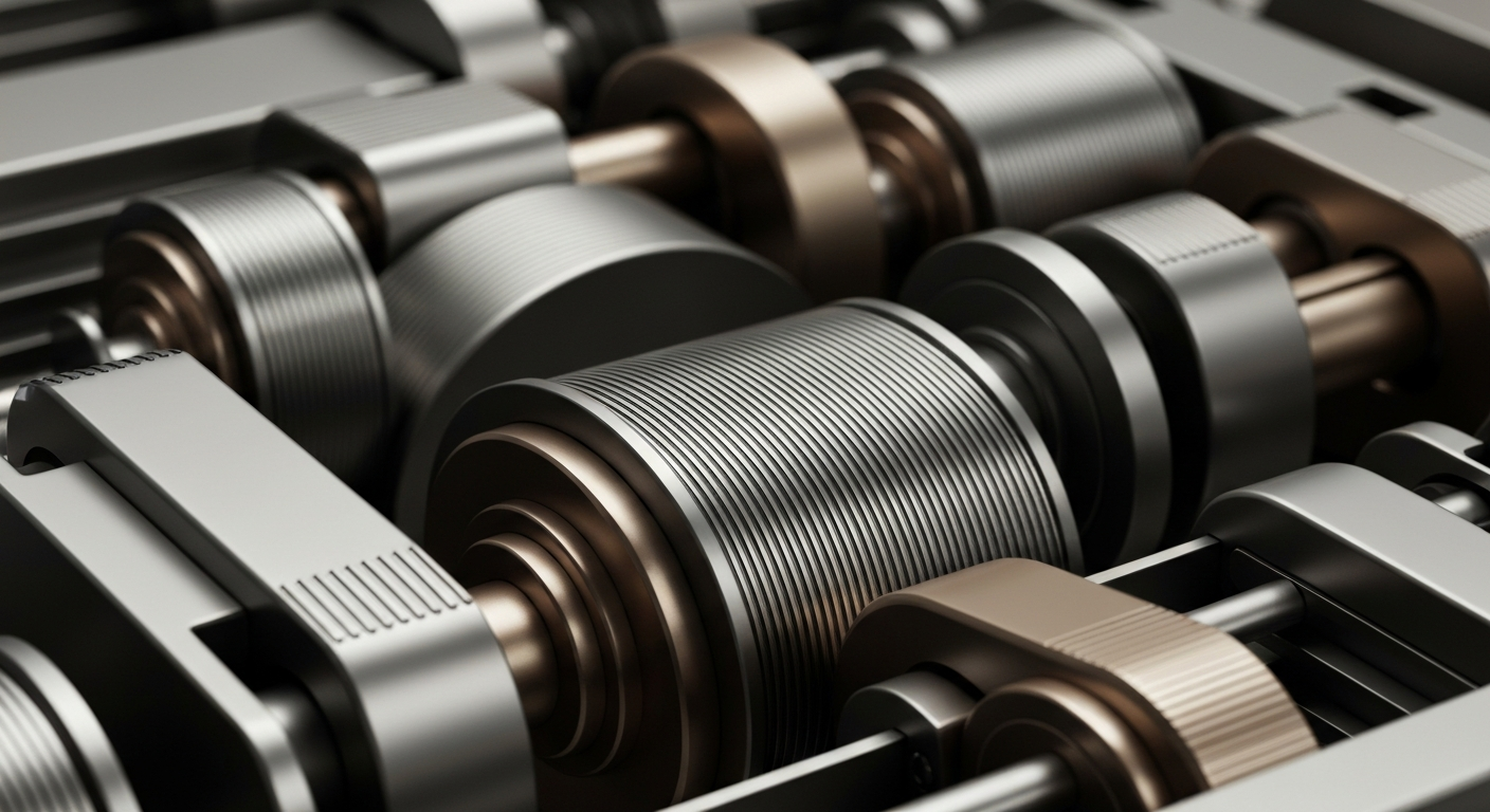 A highly detailed, black-and-white close-up photograph of the gears, levers, and mechanisms of an industrial banking machine, conveying a sense of the complex, powerful infrastructure underlying financial markets.