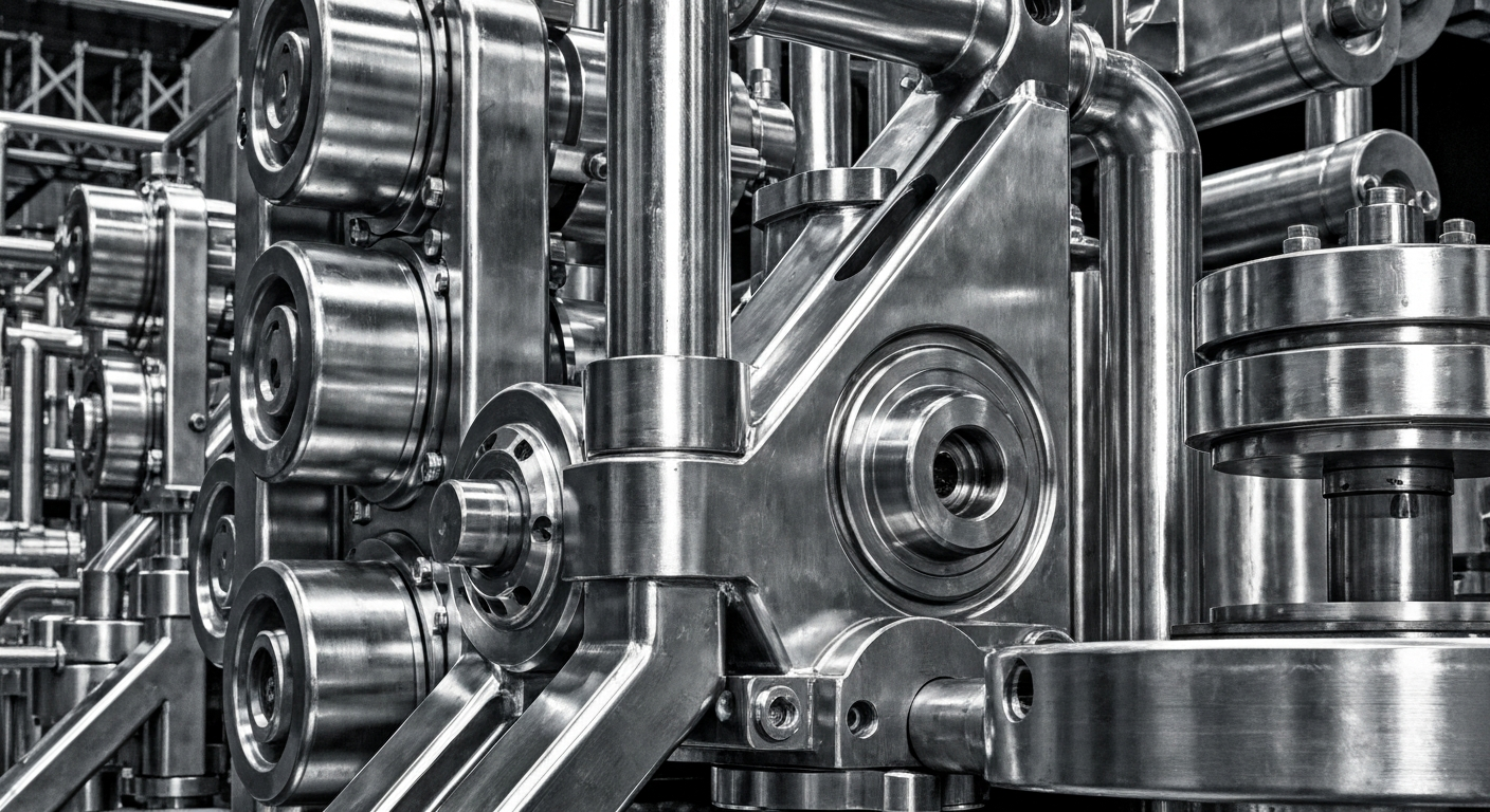 A dramatic, high-contrast close-up image of heavy, polished aluminum machinery and industrial equipment, conveying a sense of strength, precision, and the industrial might of the aluminum industry.