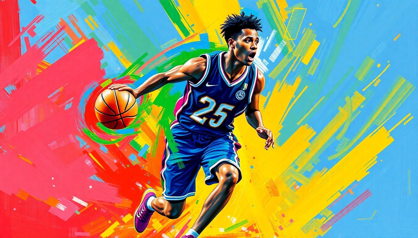 An abstract painting in bright neon colors and expressive brushstrokes, capturing the intense movement and athleticism of a basketball player in action.