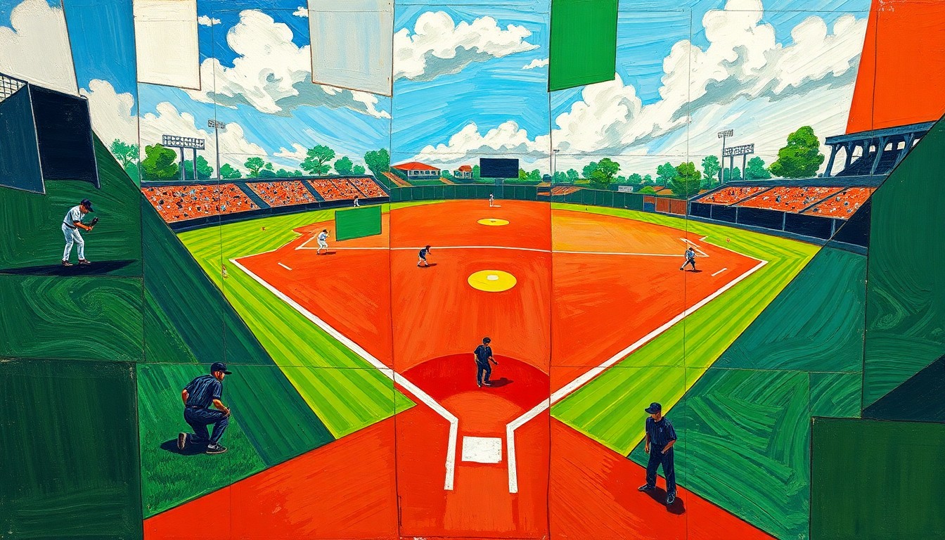 A fractured, cubist-style painting depicting the silhouettes of baseball players on a field, with overlapping geometric shapes in shades of green, red, and blue representing the game action.